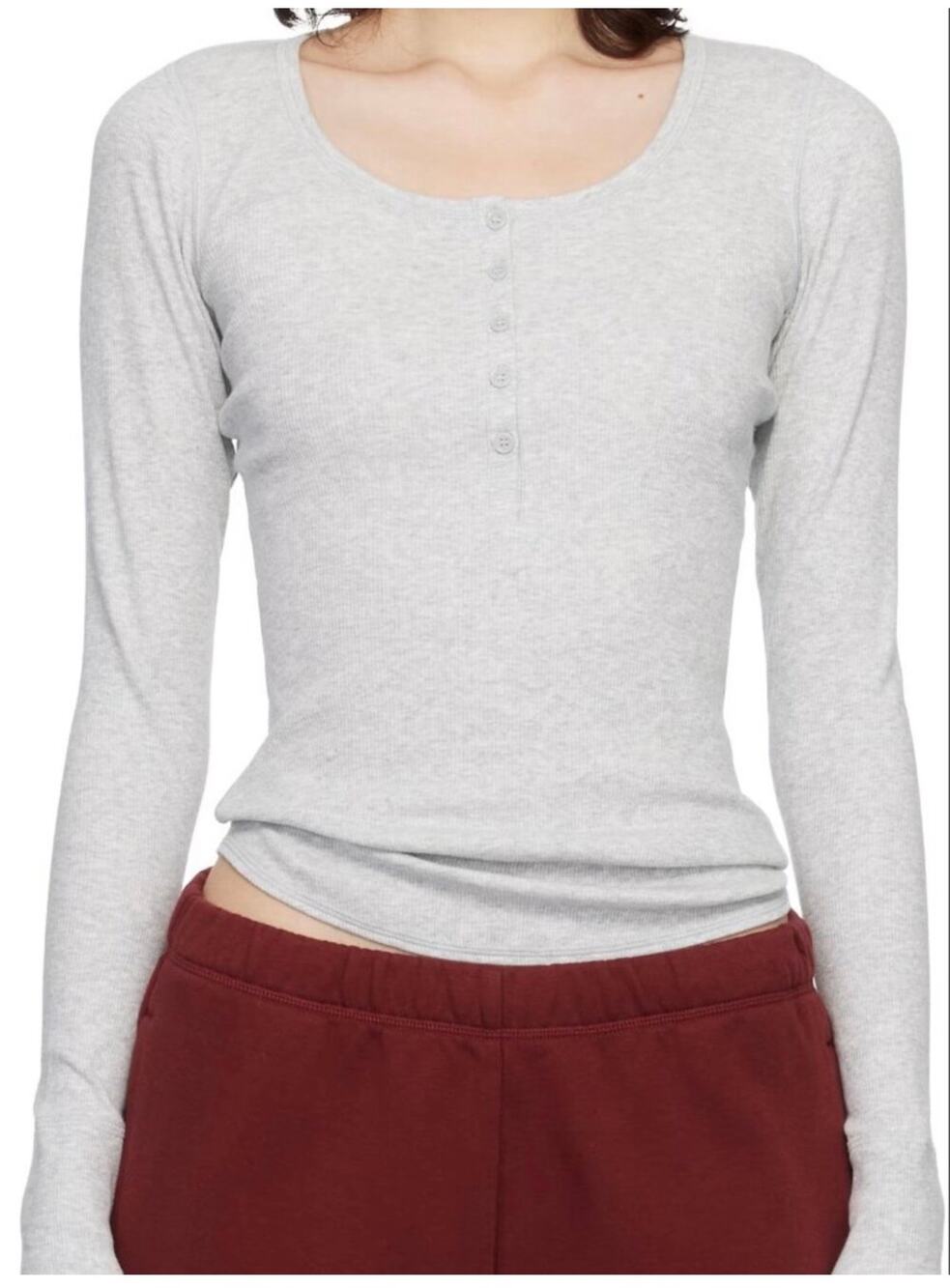 Skims Top Womens Smal Gray Cotton Ribbed Henley Long Sleeve Lounge Basic Stretch